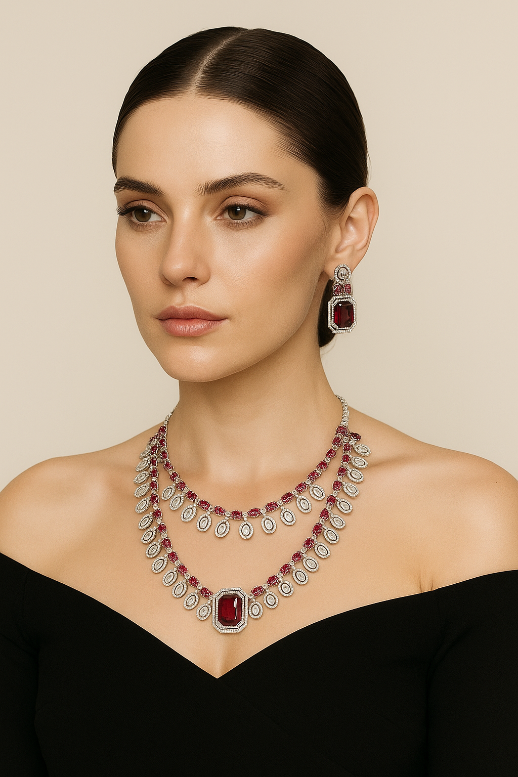 Grand Ruby Diamond Look Necklace Set with Statement Earrings